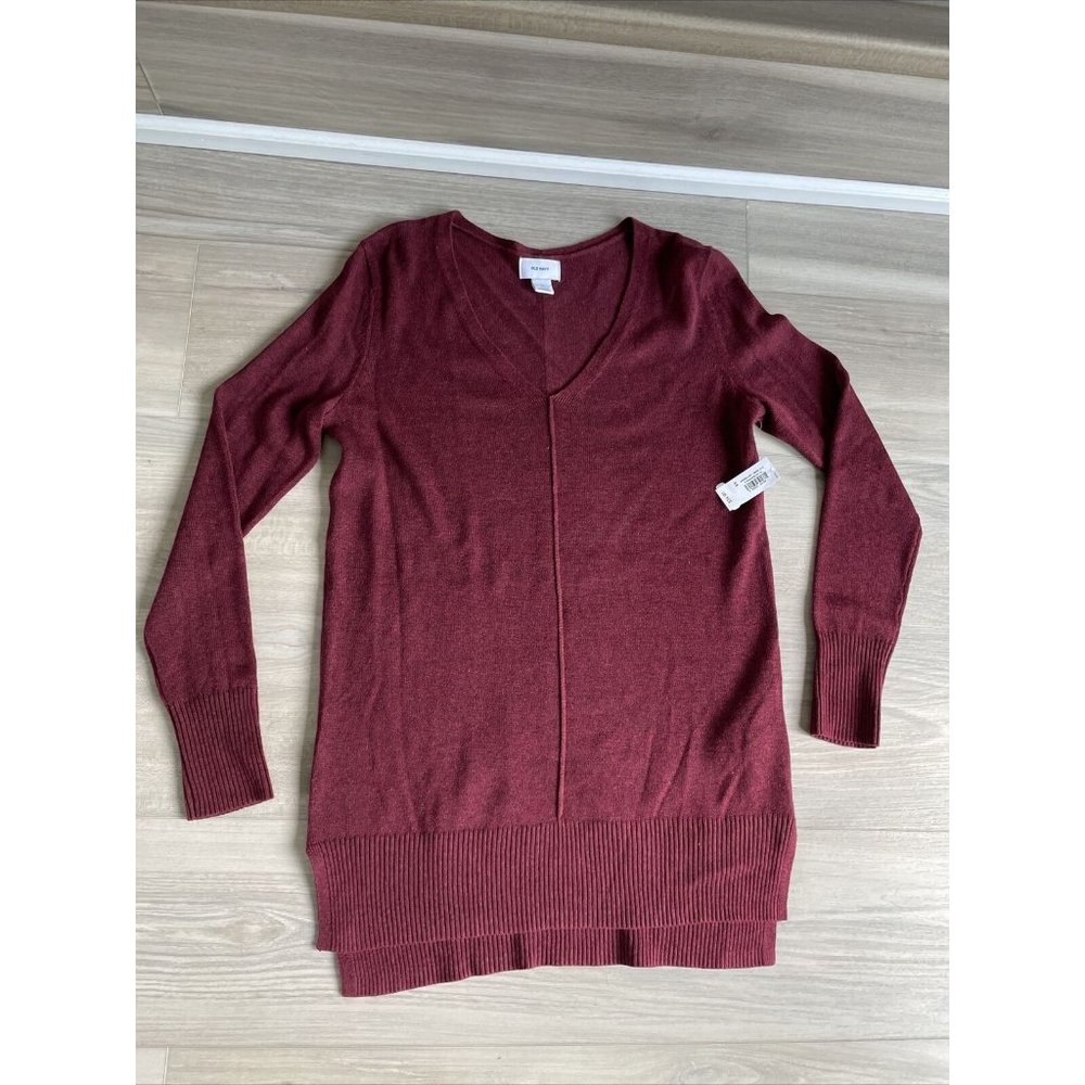 Old Navy womens V Neck tunic sweater knit top Maroon Red Heather size XS NEW